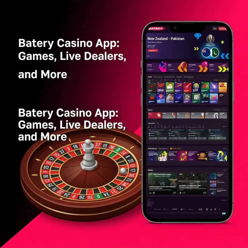Batery Casino App showing live dealers, slots, and table games like Blackjack, Roulette, and Baccarat