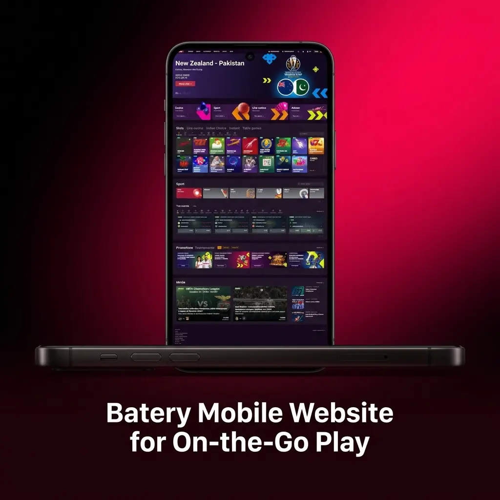 Batery mobile website on smartphone showing sports betting and casino games optimised for Indian users