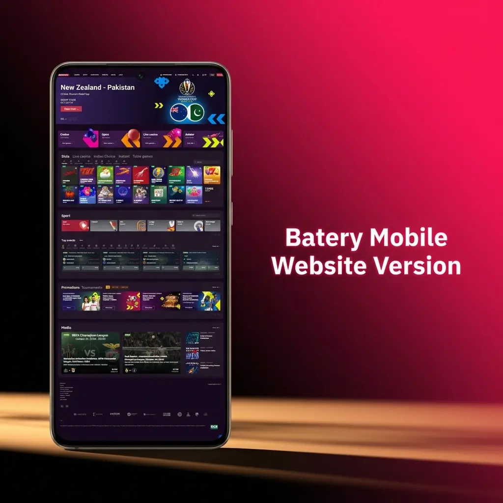 Batery mobile website interface accessible on smartphone and tablet browsers with sports betting and live casino features