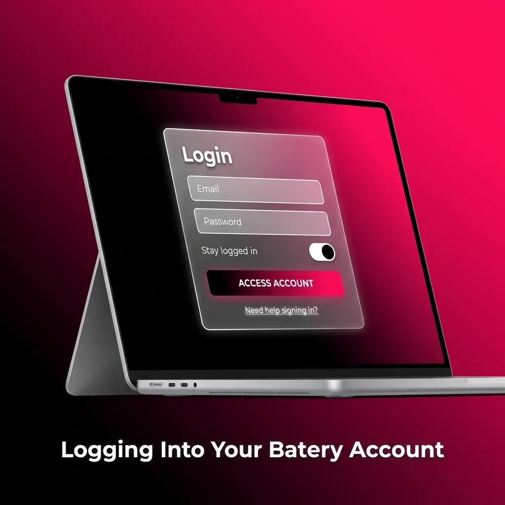 Batery account login page showing sign-in form with email, password fields and two-factor authentication step