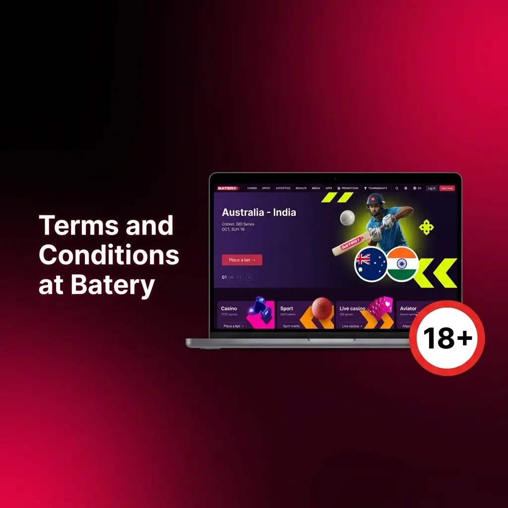 Batery terms and conditions covering age requirements, account rules, KYC verification, bonuses, and restricted territories