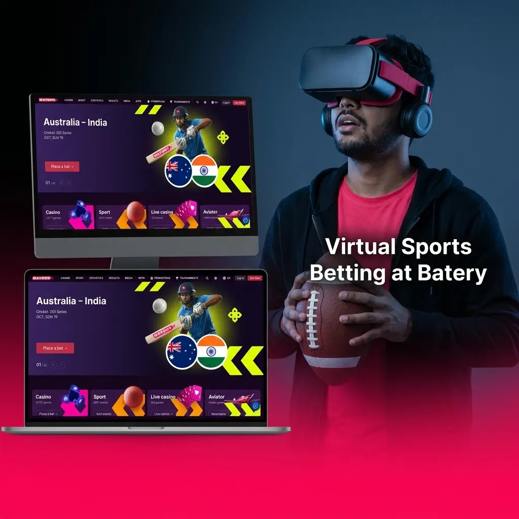 Virtual sports betting on Batery platform showing simulated football, cricket, horse racing and basketball games available 24/7